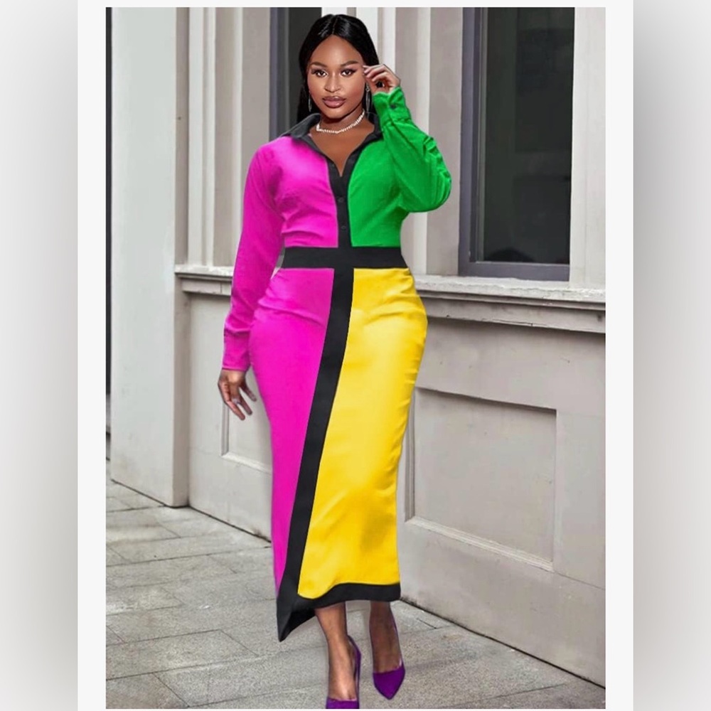 AOMEI Color Block Long Sleeve Midi Dress in Pink Green Yellow Womens 2X